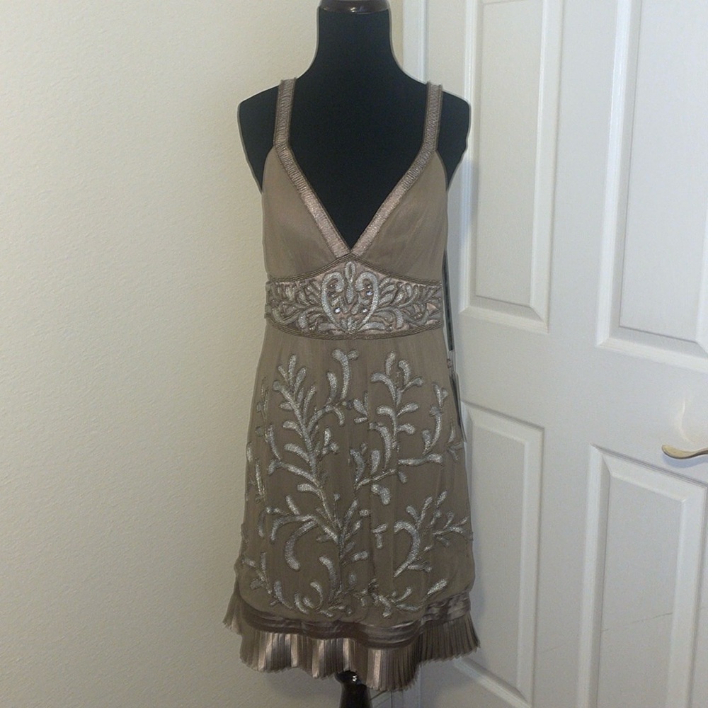 New Sue Wong Taupe Embroidered Beaded Sequins Silk Blend dress
